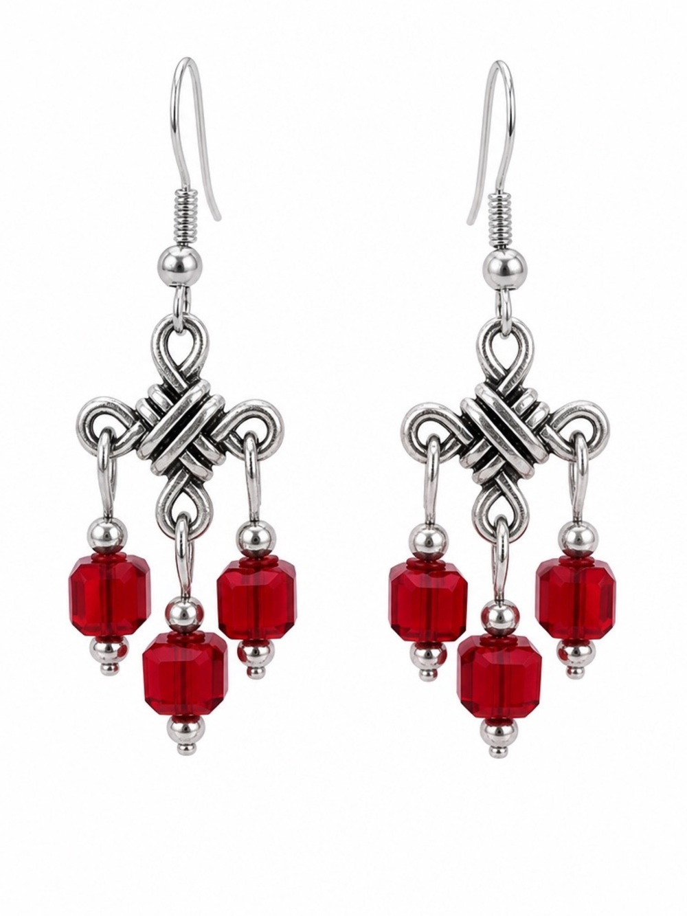 Celtic Knot with Ruby Red Crystal Cube Bead Chandelier Earrings